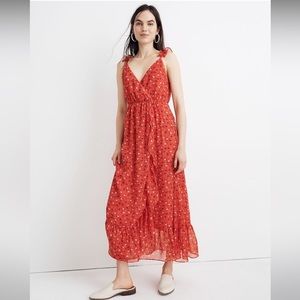 Madewell Ruffle-Strap Wrap Dress Metallic Striped Prairie Posies Red